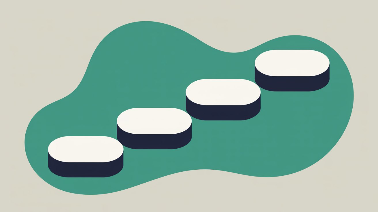 Four pale rounded blocks arranged as ascending steps across a soft teal organic shape, on a warm stone grey background