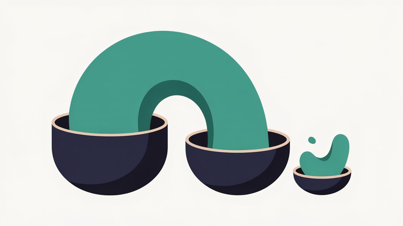 Flat abstract illustration of a large teal arch flowing between two dark rounded containers, with a smaller third container holding a separate teal shape, on an off-white background