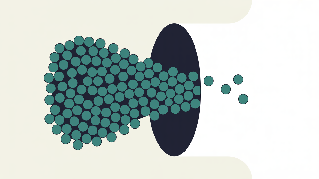 Flat illustration of a dense crowd of small teal circles funnelling through a narrow dark opening with only three circles emerging on the far side