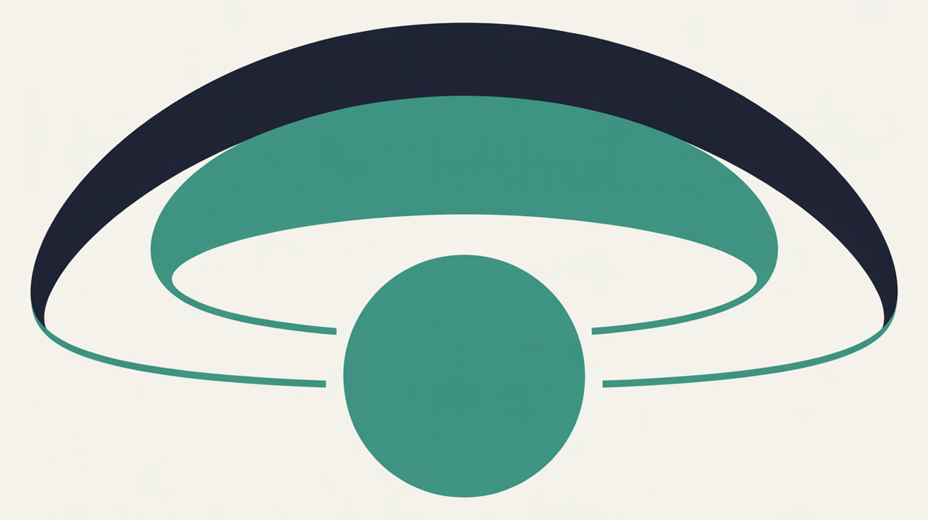 Flat illustration of two layered arcs curving protectively around a solid teal circle with thin lines stopping at the outer arc