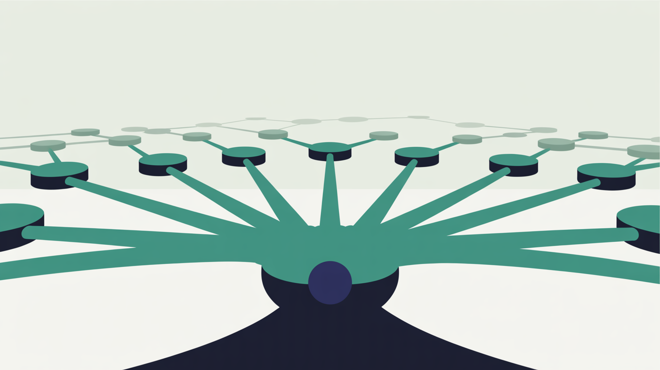 Flat illustration of many small teal nodes connected by lines all converging on one single dark central point on a warm off-white background