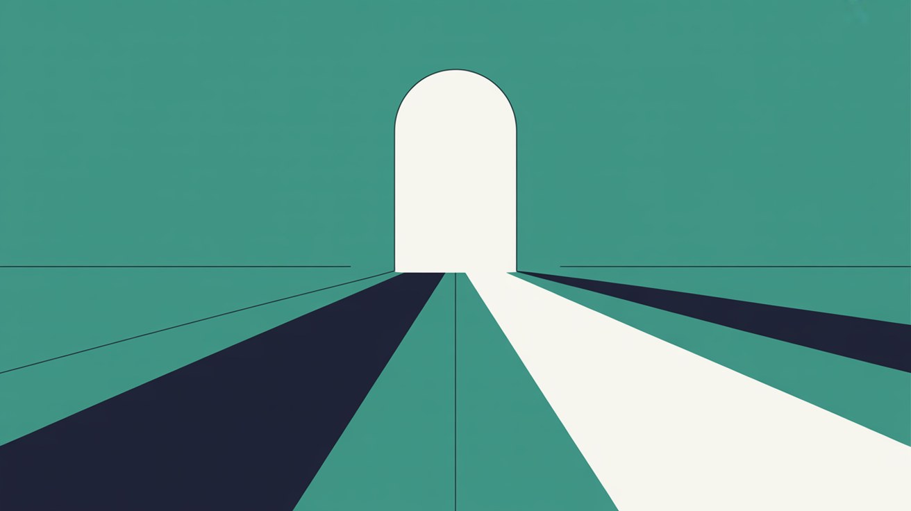 Flat abstract illustration of several straight paths converging on a single arched doorway set in a teal field
