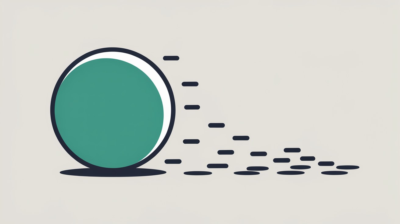 Flat abstract illustration of one solid teal circle beside a trail of small dark dashes that scatter and fade away