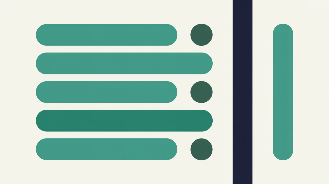Five teal horizontal bars stopping short of a vertical navy divider, with a single separate teal bar standing beyond it on an off-white background