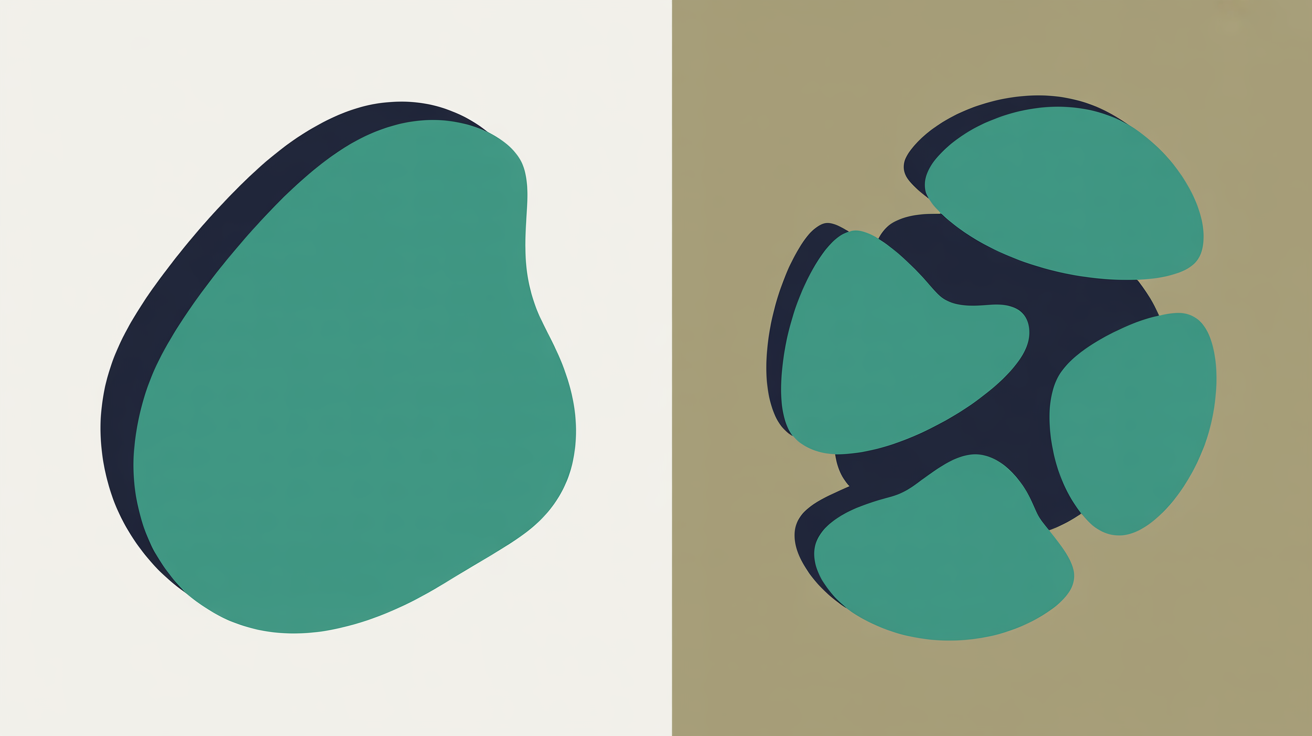 Two side by side panels, the left holding one sealed teal shape and the right holding the same shape split into five separate rearrangeable pieces
