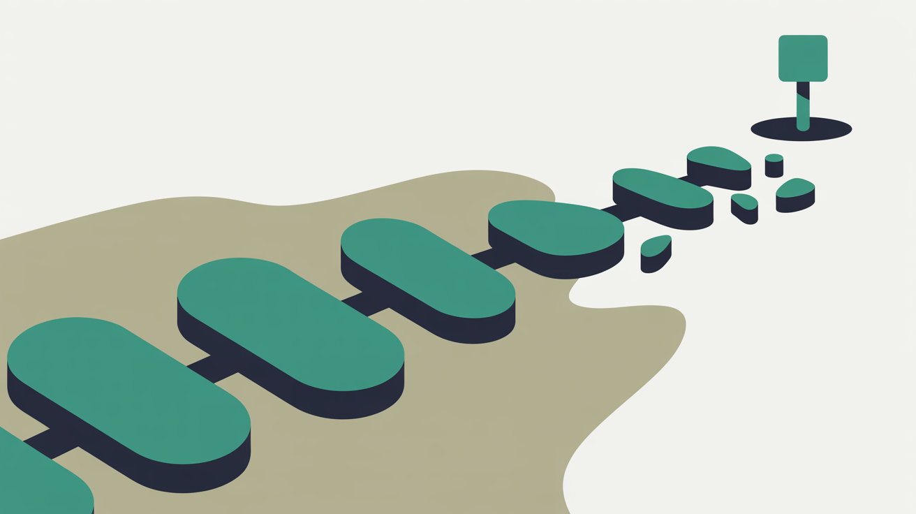 Flat illustration of a line of teal stepping stones crossing warm grey ground, breaking into smaller scattered fragments before reaching a marker post