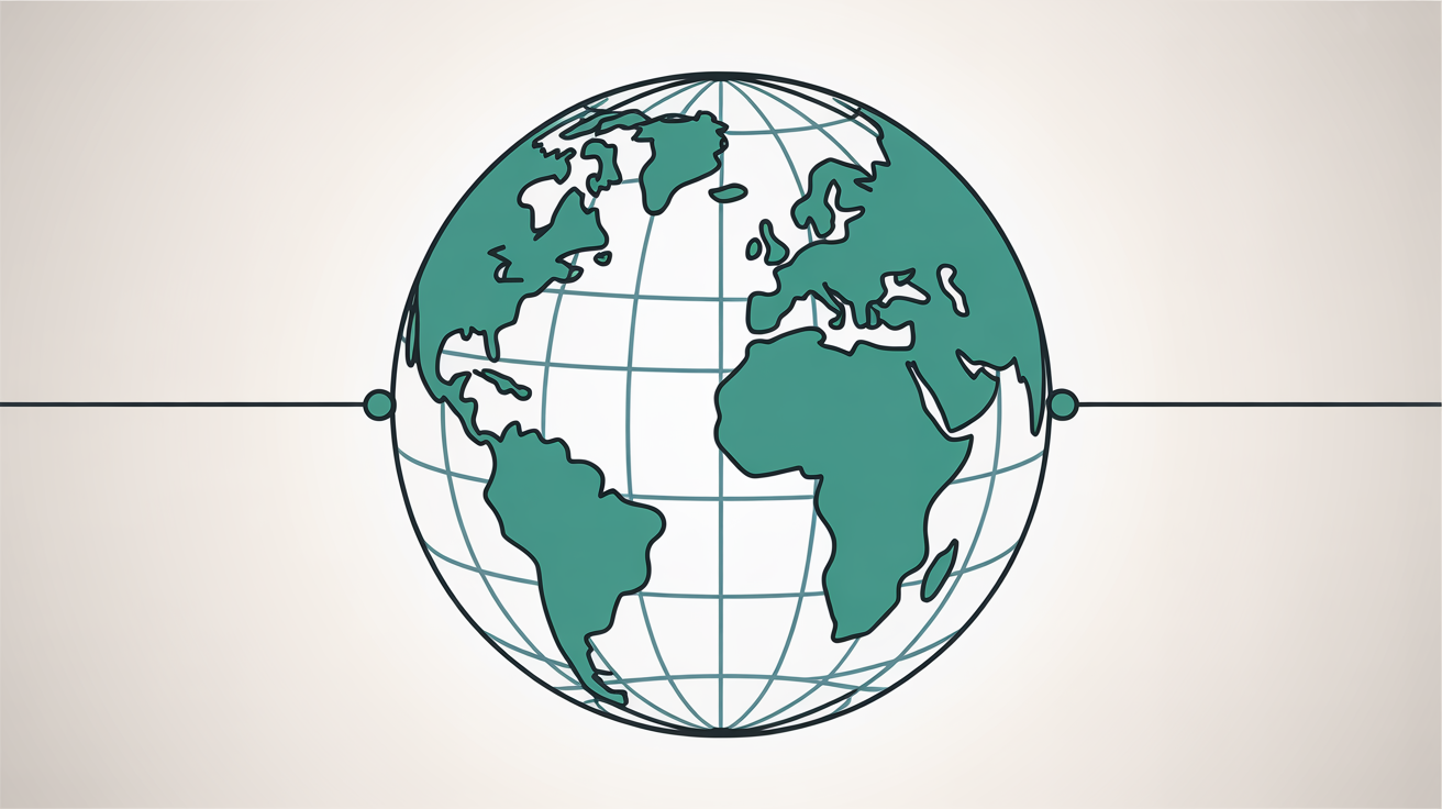 Abstract flat illustration of a globe with one short teal line between two nearby points and one long line spanning across, on a warm grey background