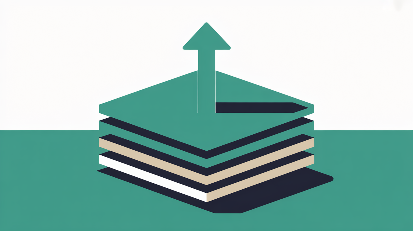 Abstract flat illustration of stacked horizontal layers in teal and warm grey suggesting a foundation, with a single upward arrow