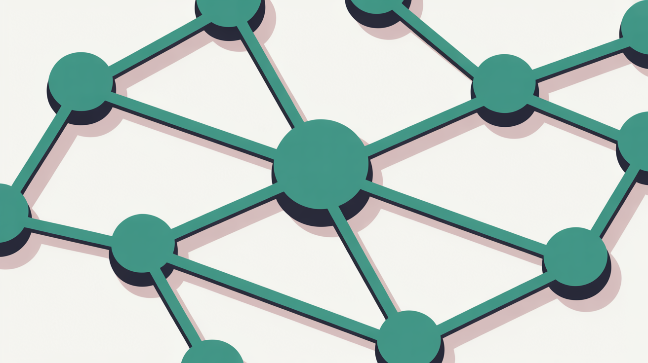 Flat abstract illustration of network nodes connected by teal lines on a warm grey background, with one central node larger than the rest