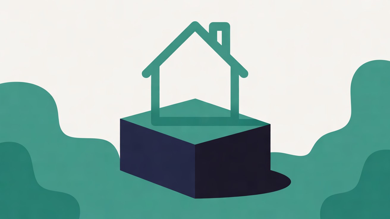 Flat illustration of a teal house outline resting on a solid navy block, surrounded by soft teal hills on an off-white background