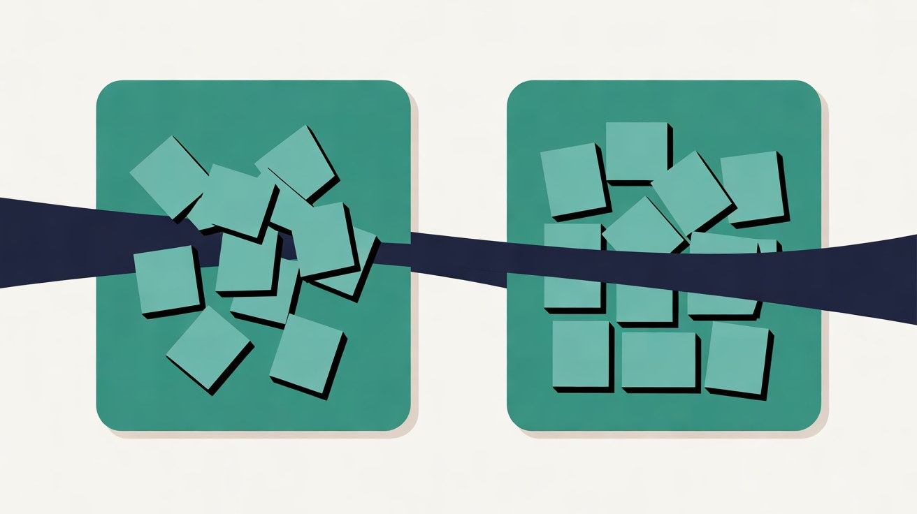 Two teal panels side by side, one with scattered square tiles and one with neatly arranged tiles, joined by a navy band