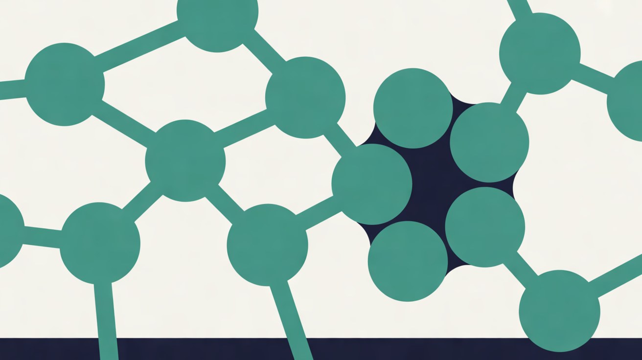 Flat illustration of teal circles joined by lines, with one cluster regrouped around a navy centre on an off-white background