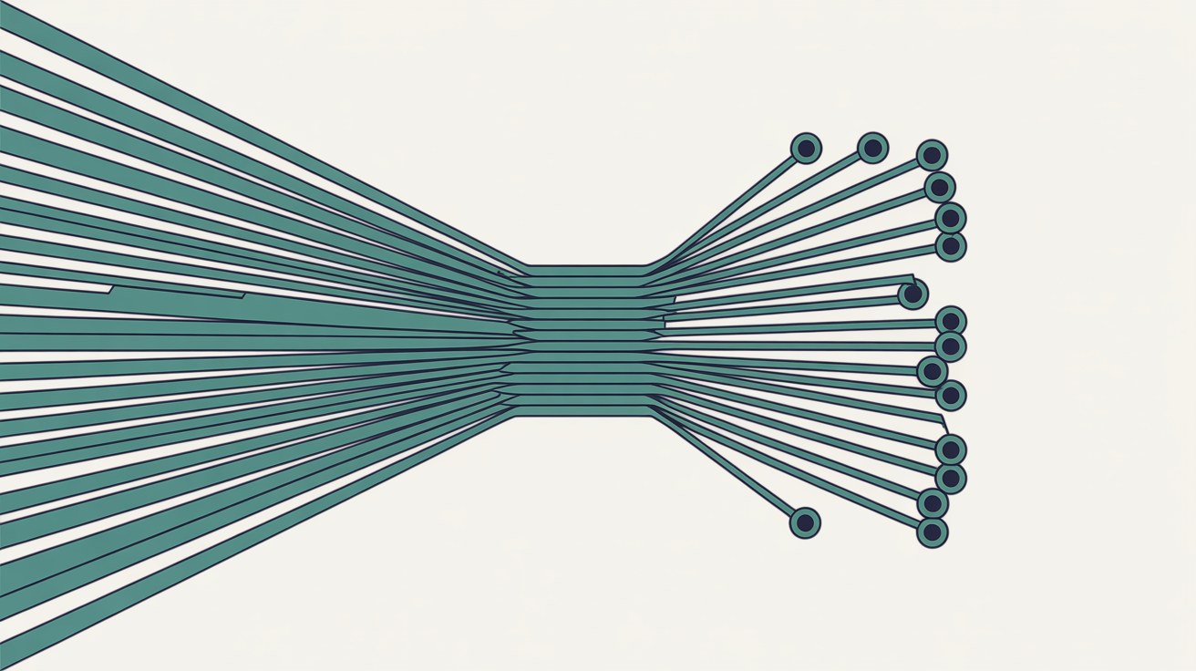 Flat illustration of many teal lines gathering into a bundle and then fanning out to a separate endpoint each, on a warm off-white background