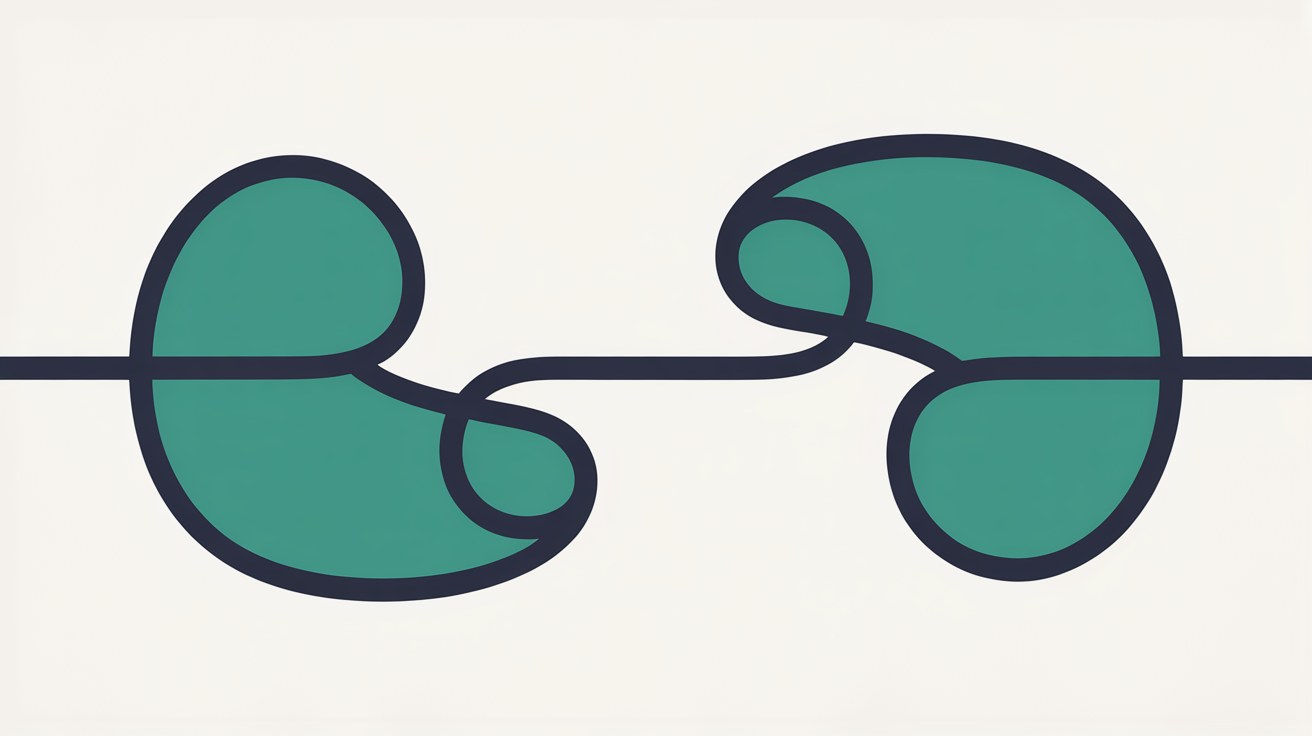 Flat illustration of one unbroken dark line running straight through two separate teal shapes on a warm off-white background