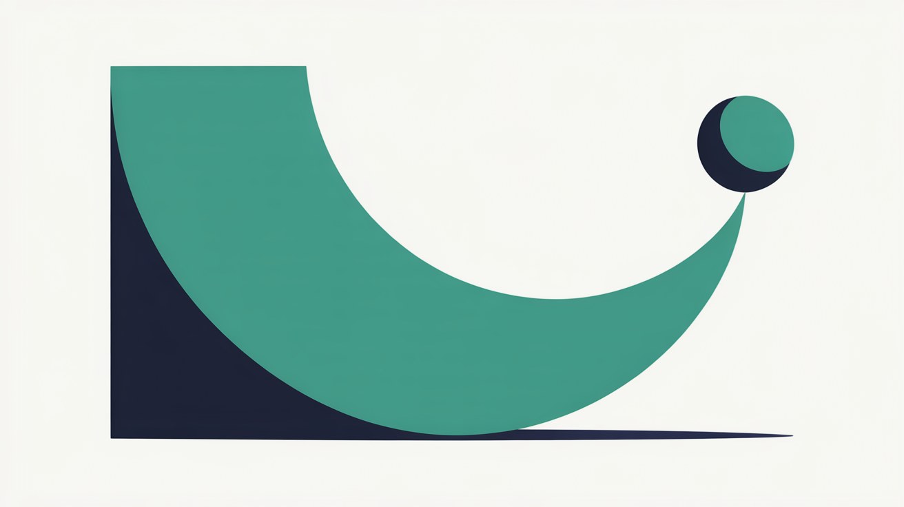 Flat abstract illustration of a teal arc sweeping away from a solid navy block towards a small circle at the far end