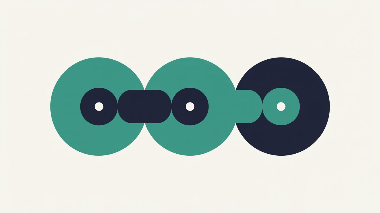 Minimal illustration of three circular shapes joined like chain links, two in teal and the third in deep navy, on a warm grey background