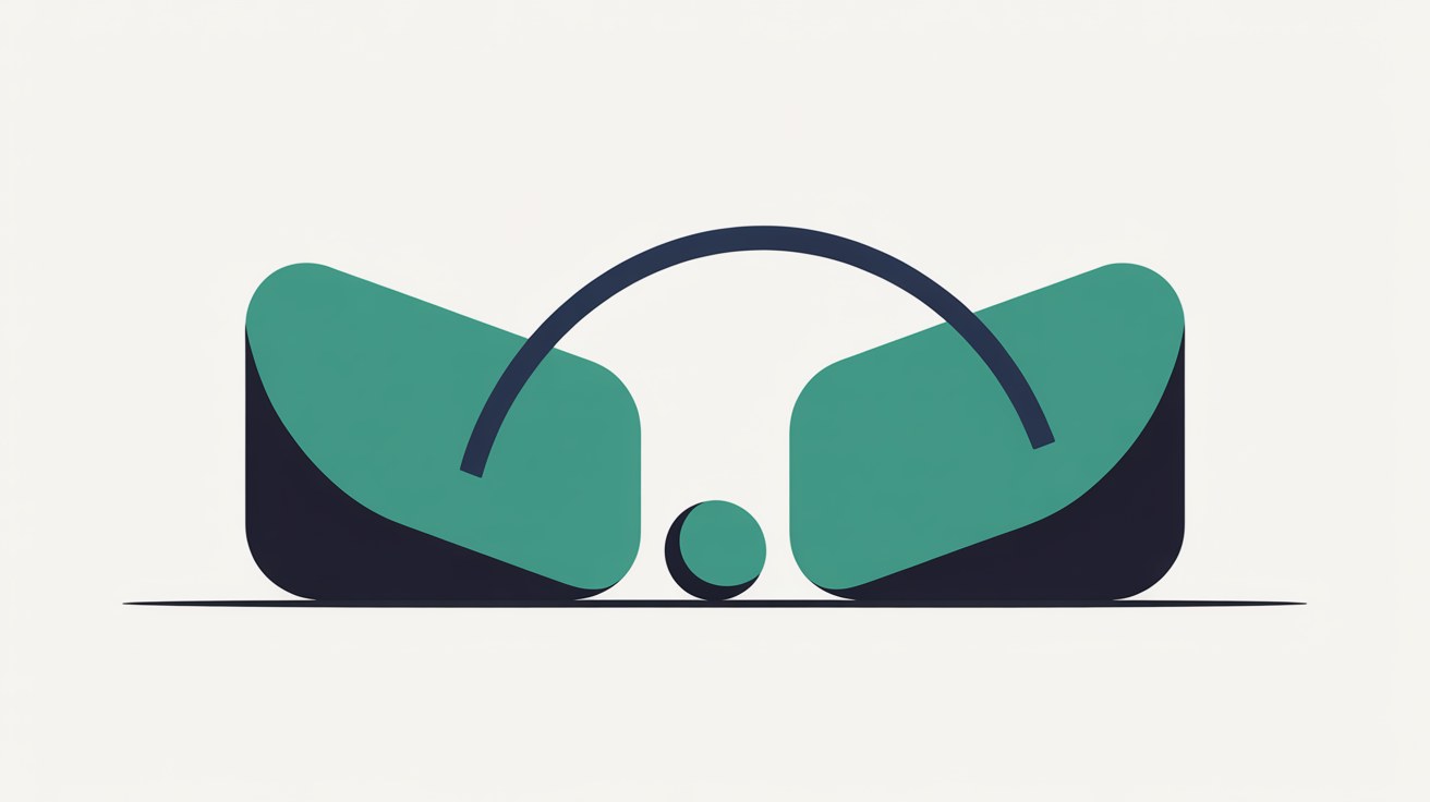 Two teal blocks facing each other across a gap, bridged by a thin navy arc with a small teal circle sitting in the space between them