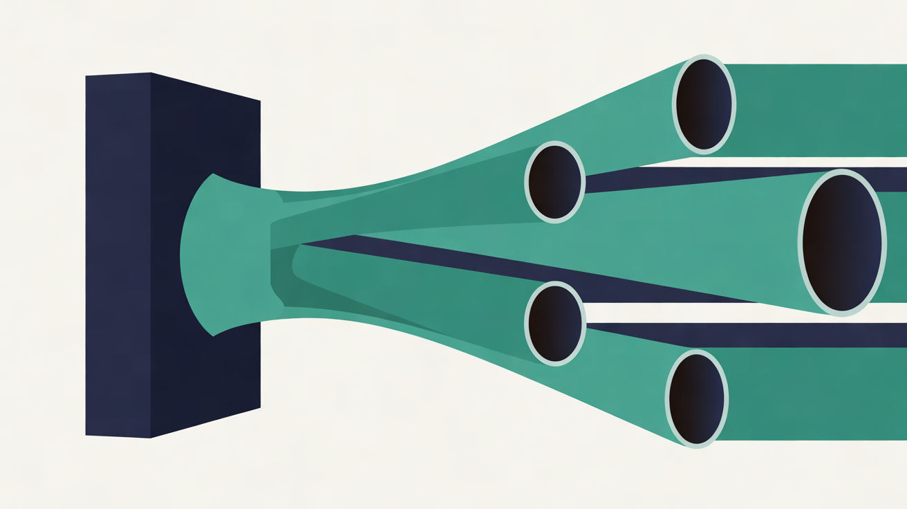 Flat illustration of a navy block feeding a teal channel that splits into several teal tubes with dark openings, on a warm off-white background
