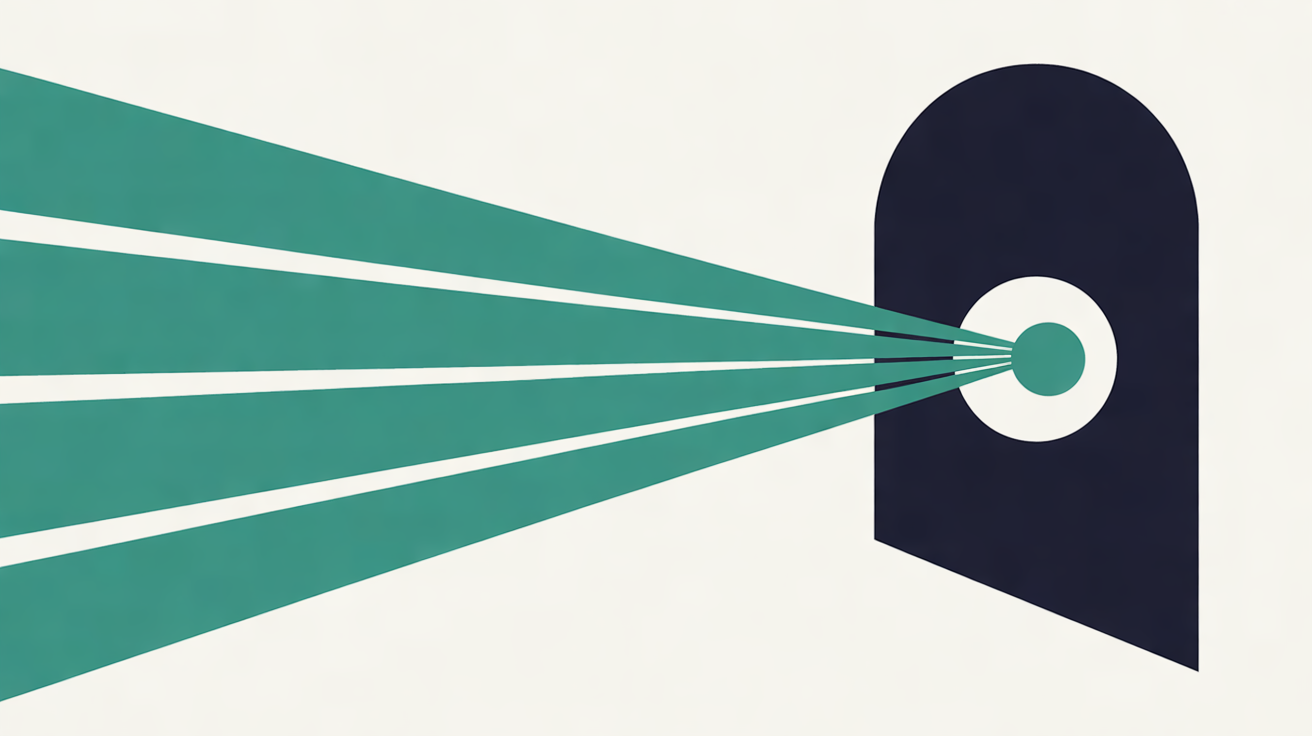 Flat illustration of teal beams converging from the left on a small teal circle inside a navy arched doorway, on a warm off-white background