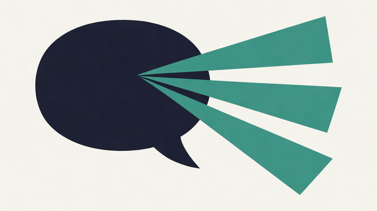 Flat illustration of a navy speech bubble with four teal wedges fanning out to the right on a warm off-white background