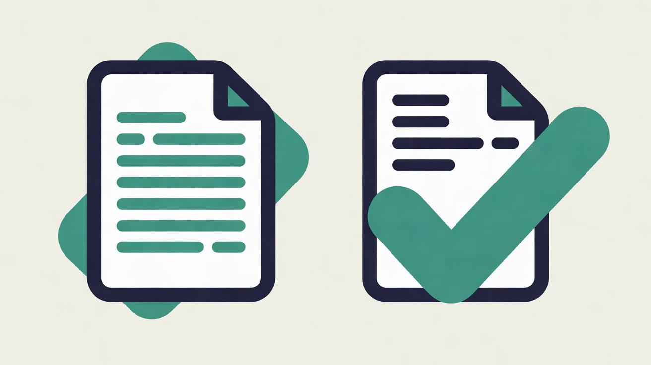 Flat illustration of two documents side by side, the left with teal highlighted lines and the right marked with a large teal tick