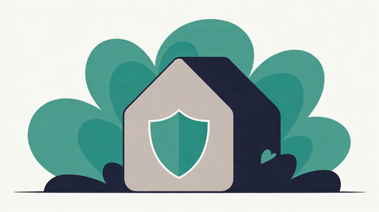 Flat illustration of a small house shape with a teal shield on its front, surrounded by soft teal foliage on an off-white background