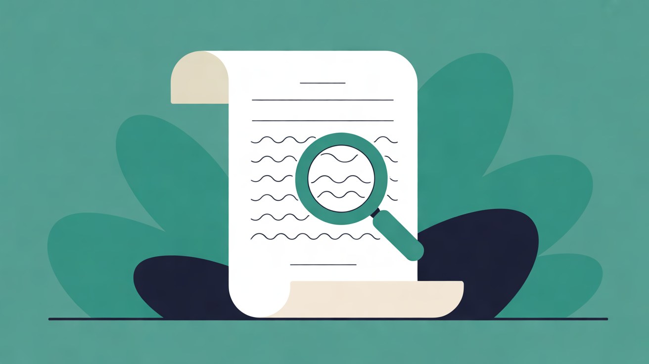 Flat illustration of a paper document with wavy lines and a teal magnifying glass resting over it, set against soft teal leaf shapes