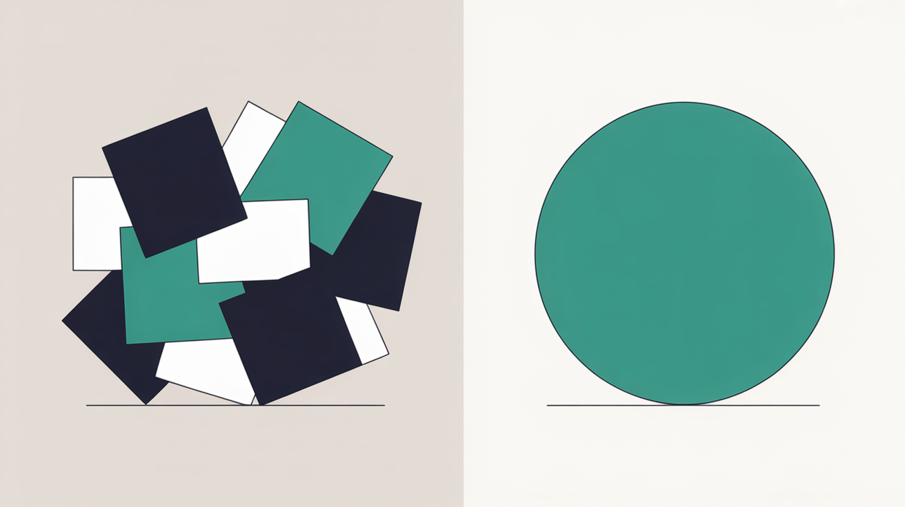 Abstract flat illustration of layered shapes stacking up beneath a simple surface, teal geometric forms on warm grey background