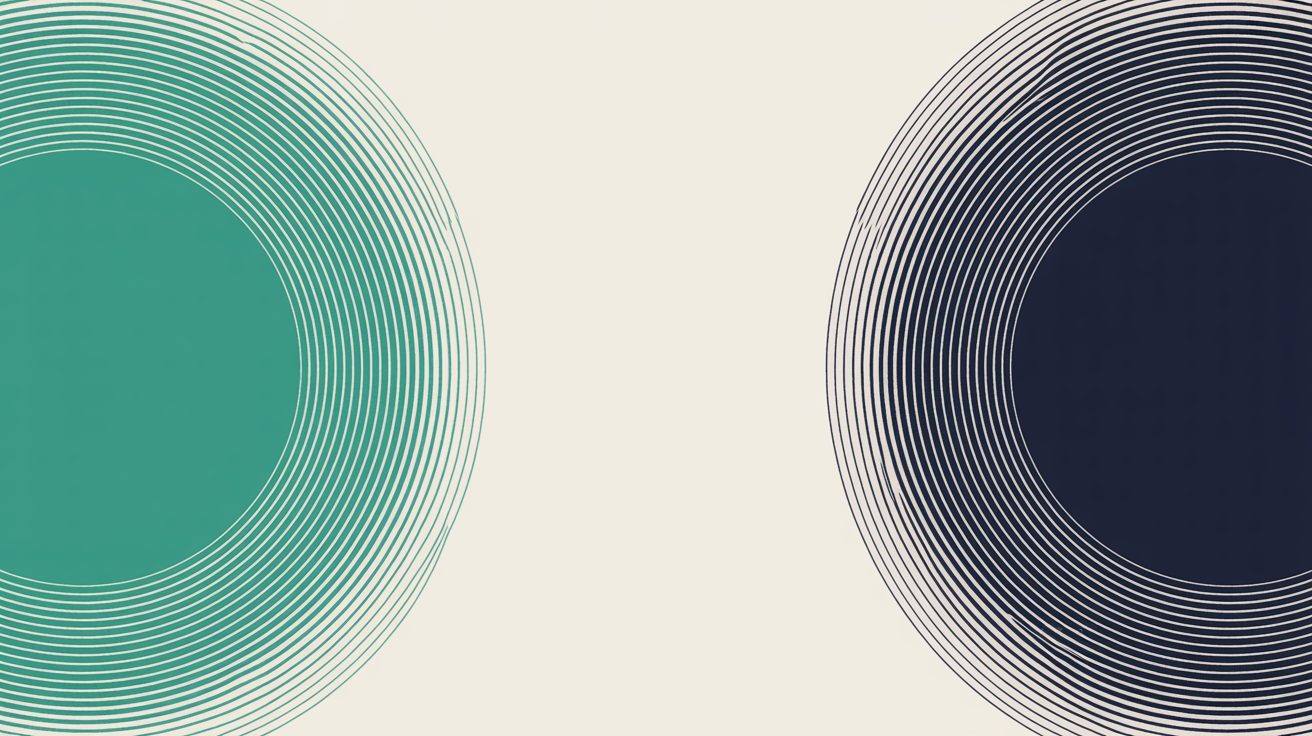 Two separate sets of concentric rings radiating from opposite edges of a warm off-white field, one teal and one navy, meeting only in the middle