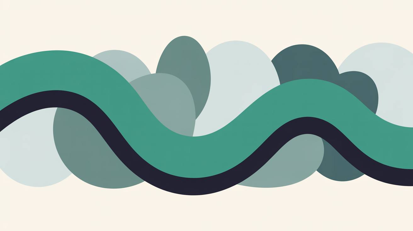 A single continuous teal line curving steadily through a loose cluster of overlapping soft grey and pale navy shapes