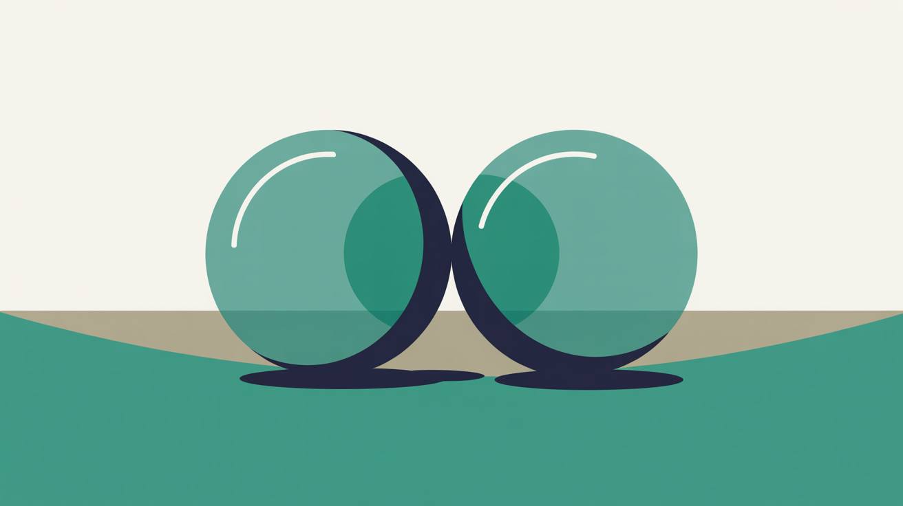 Two translucent teal spheres resting side by side on a warm stone field, overlapping only in a small central sliver