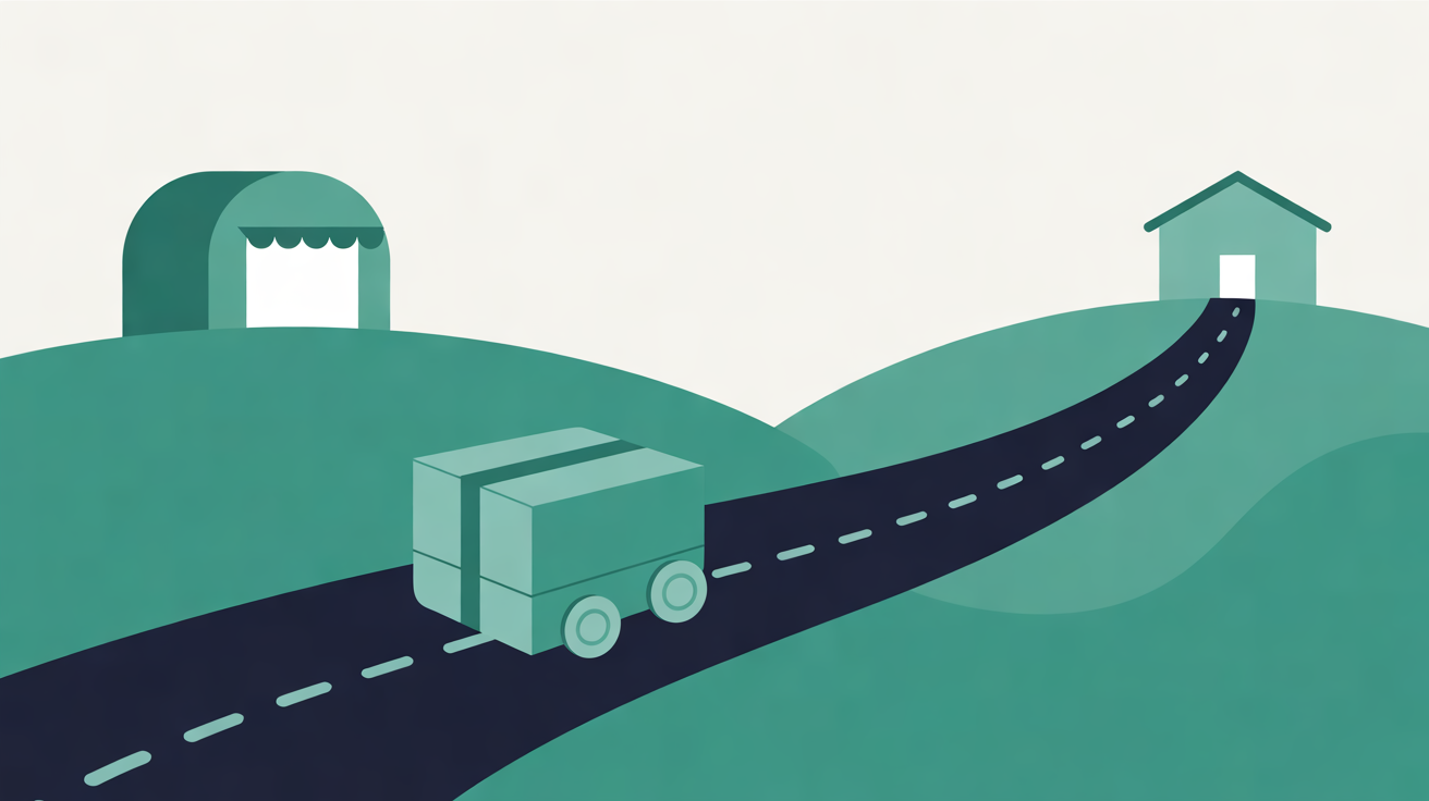 Flat illustration of a teal parcel on wheels travelling along a dark navy road over green hills, from a small awninged shop on one hill to a house on the other