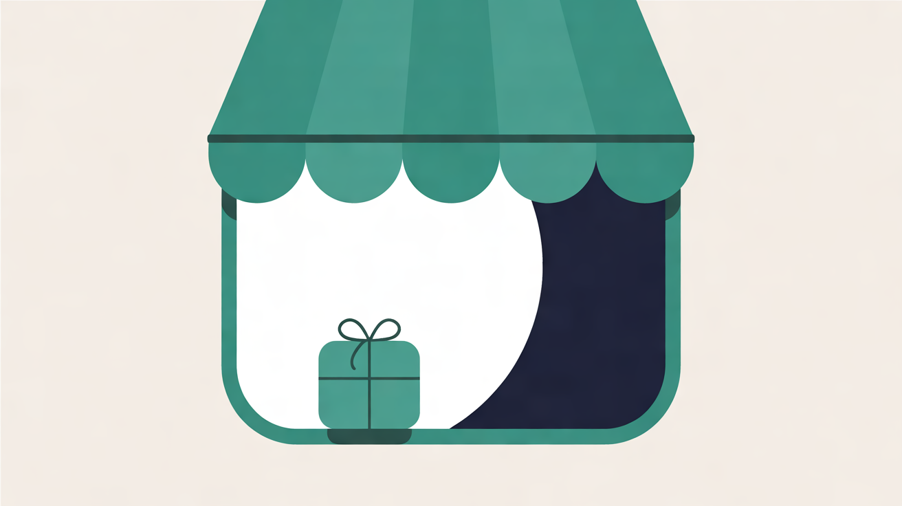 Flat illustration of a shop window under a scalloped teal awning, with a small teal gift on the ledge and a dark navy curve filling one side of the window