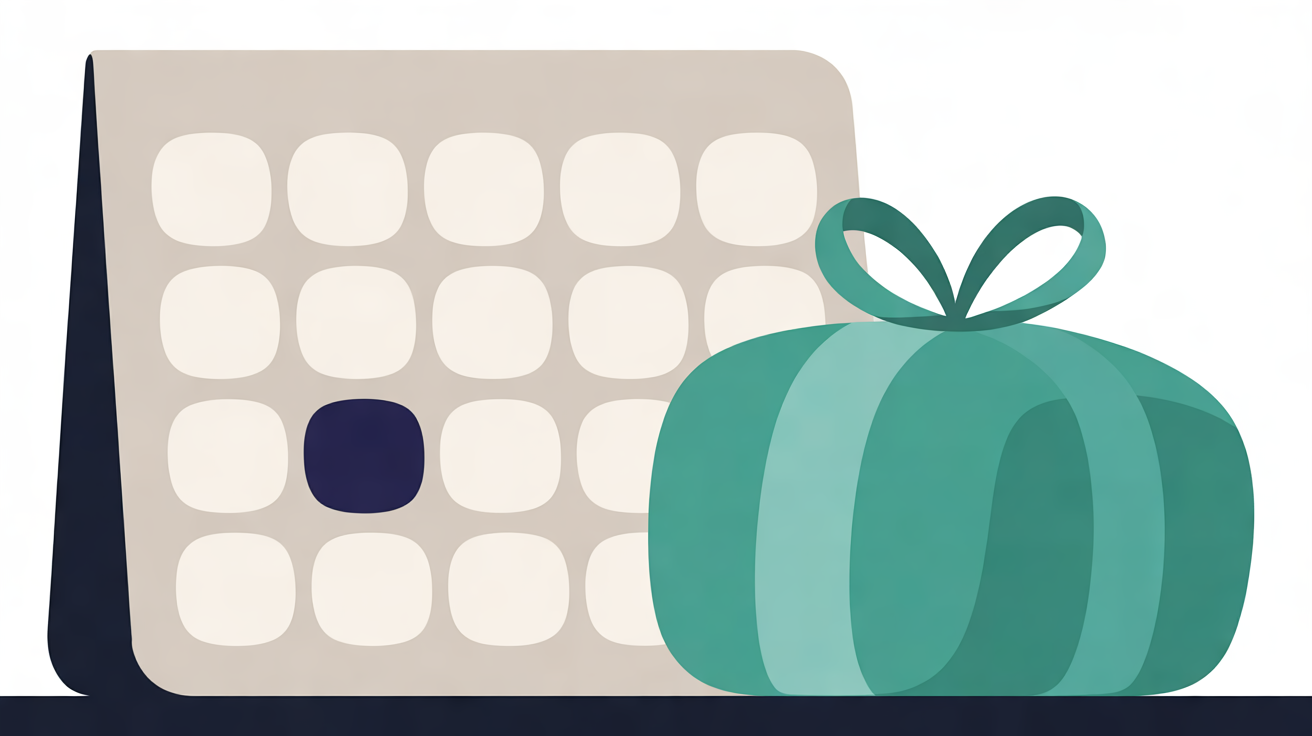 Flat illustration of a teal wrapped gift beside a stone-grey desk calendar of blank rounded squares, one square filled in dark navy, on an off-white background