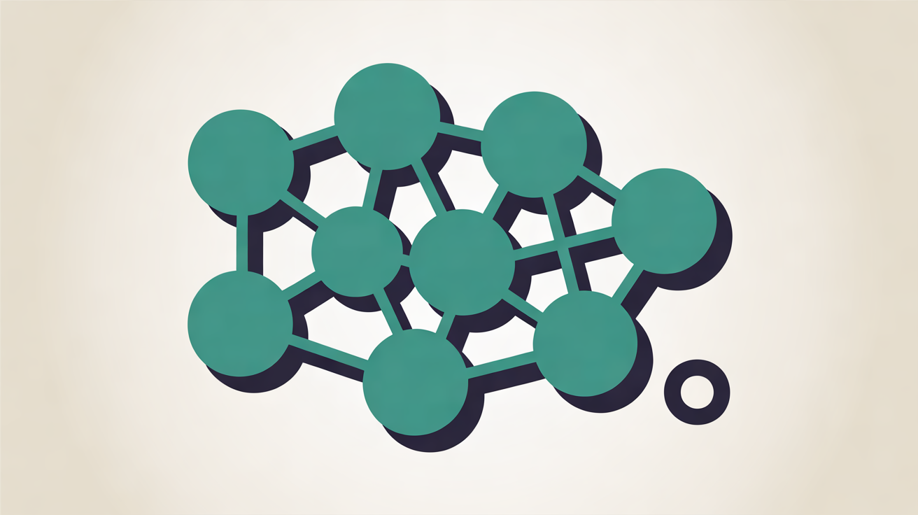 Network of teal circular nodes joined by thin lines on an off-white background, with one small navy-outlined node sitting detached at the edge