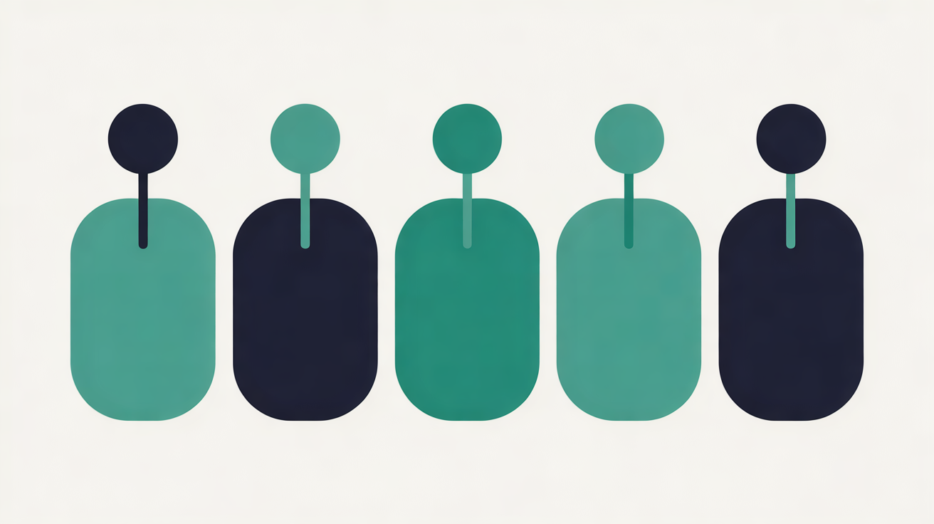 Row of five rounded teal and navy shapes on an off-white background, each topped by a small circle on a short stem