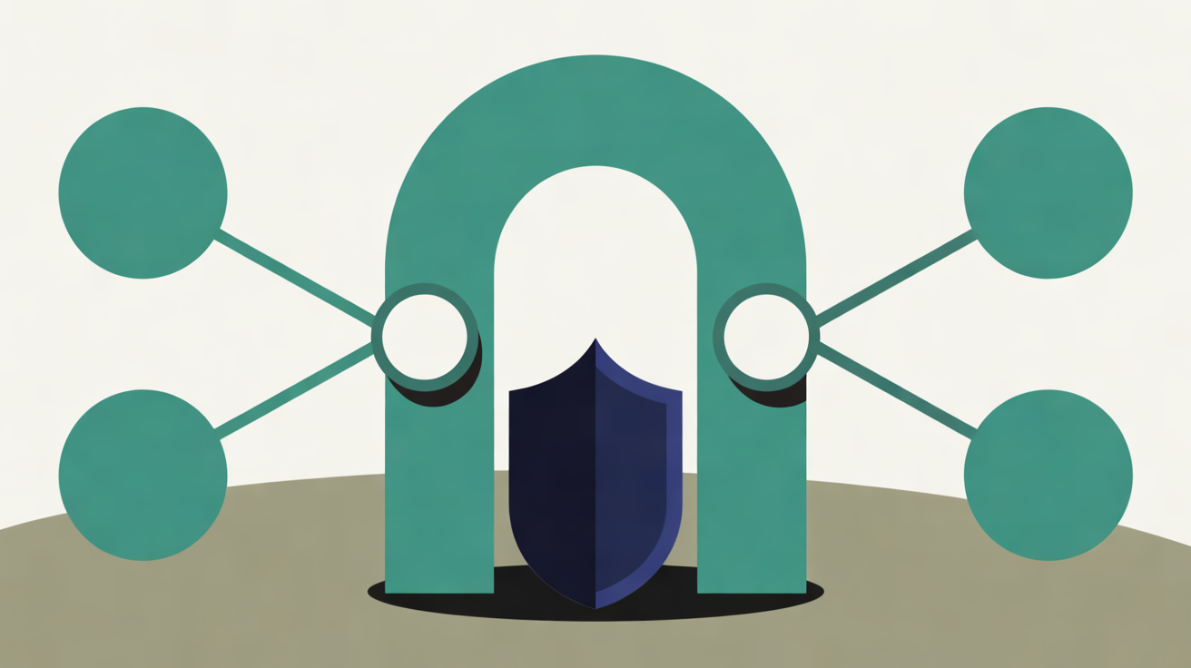 Flat illustration of a teal archway with a navy shield standing in its opening, linked by thin teal lines to four teal circles on an off-white background