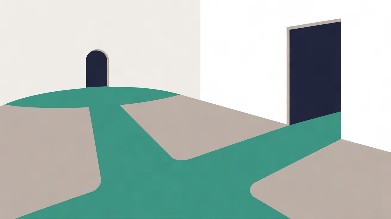 Flat illustration of a teal path on a warm grey floor splitting in two, one branch ending at a small arched navy doorway and the other at a tall navy doorway