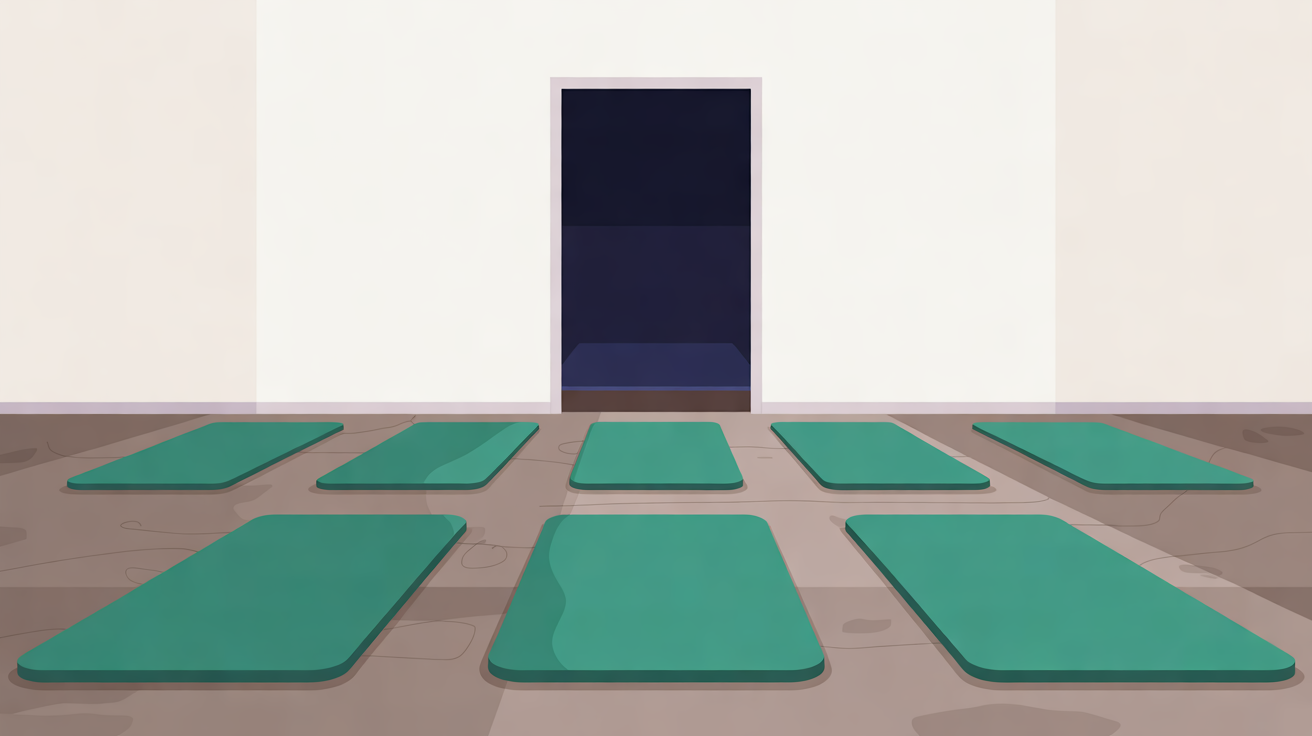 Flat illustration of eight teal exercise mats laid out in two rows on a warm grey floor in front of a single navy doorway