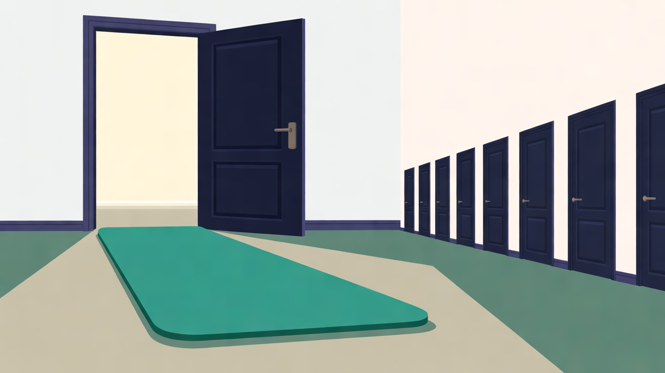 Flat illustration of a single teal exercise mat in a bright warm grey room, with an open navy doorway on one side and a row of small identical doors on the other