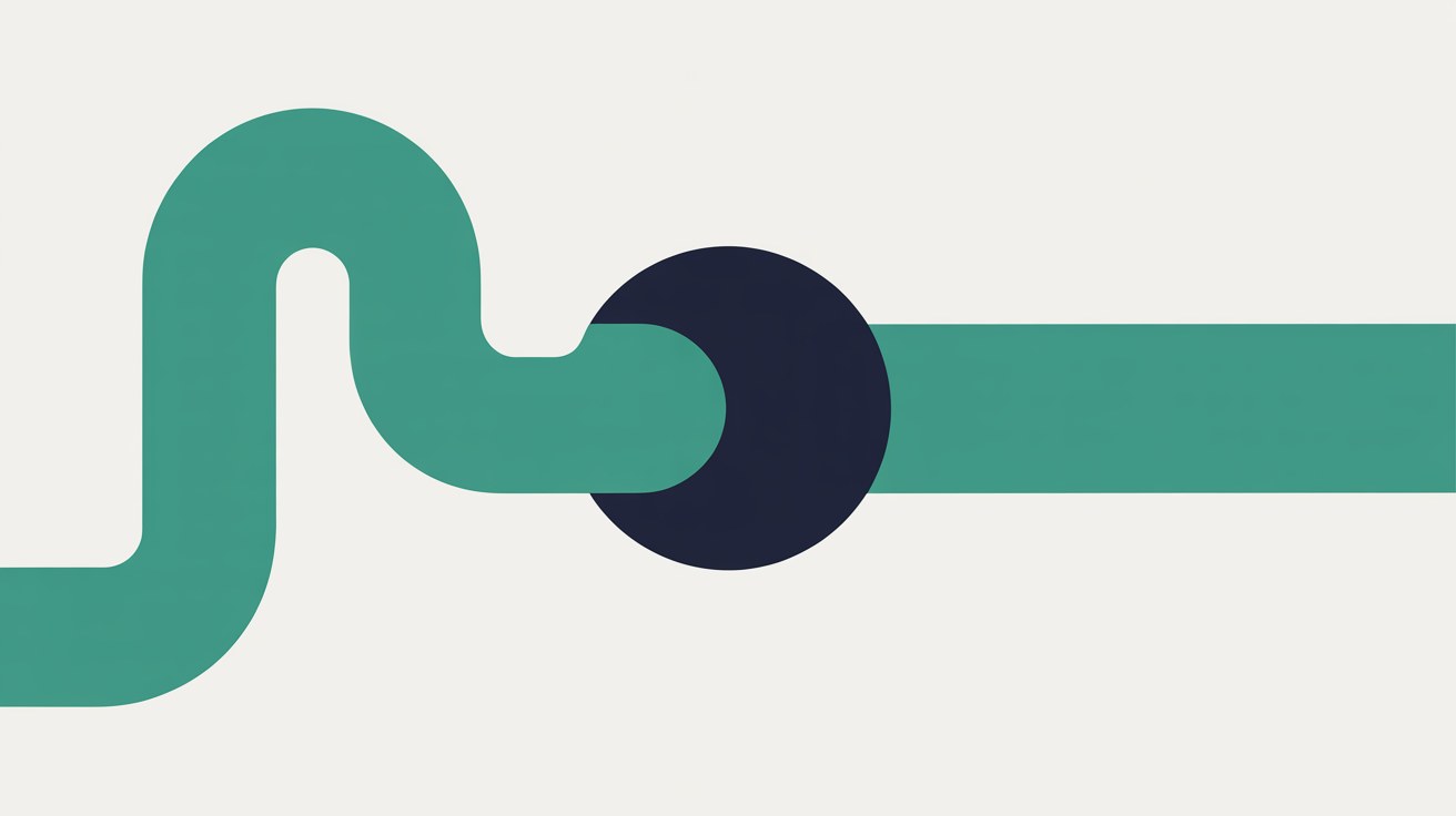 Flat illustration of a winding teal line and a straight teal line meeting at a single solid navy circle