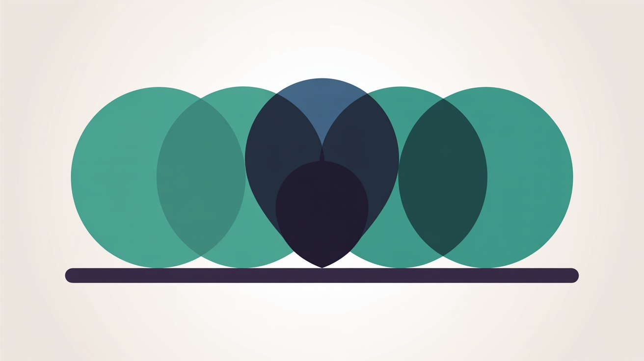 Flat illustration of a row of overlapping teal circles with a dark navy shape at the centre, all resting on one horizontal bar