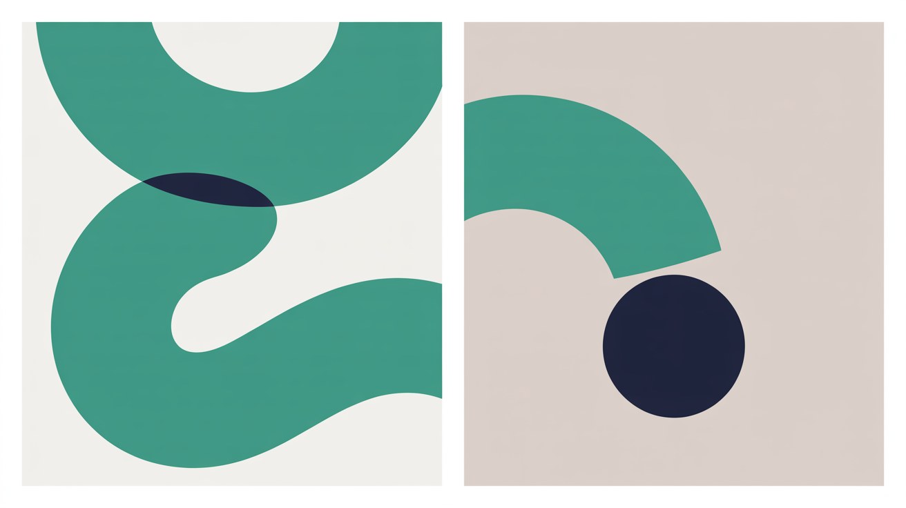 Flat illustration of two abstract zones divided by a vertical line, a long teal path curving through one side and a short teal arc landing on a single dot in the other
