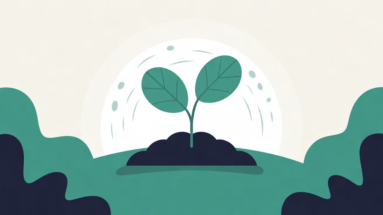 Flat illustration of a two-leaved teal seedling rising from a dark mound of soil, framed by a pale circle and small soft dots, with teal and navy hills either side