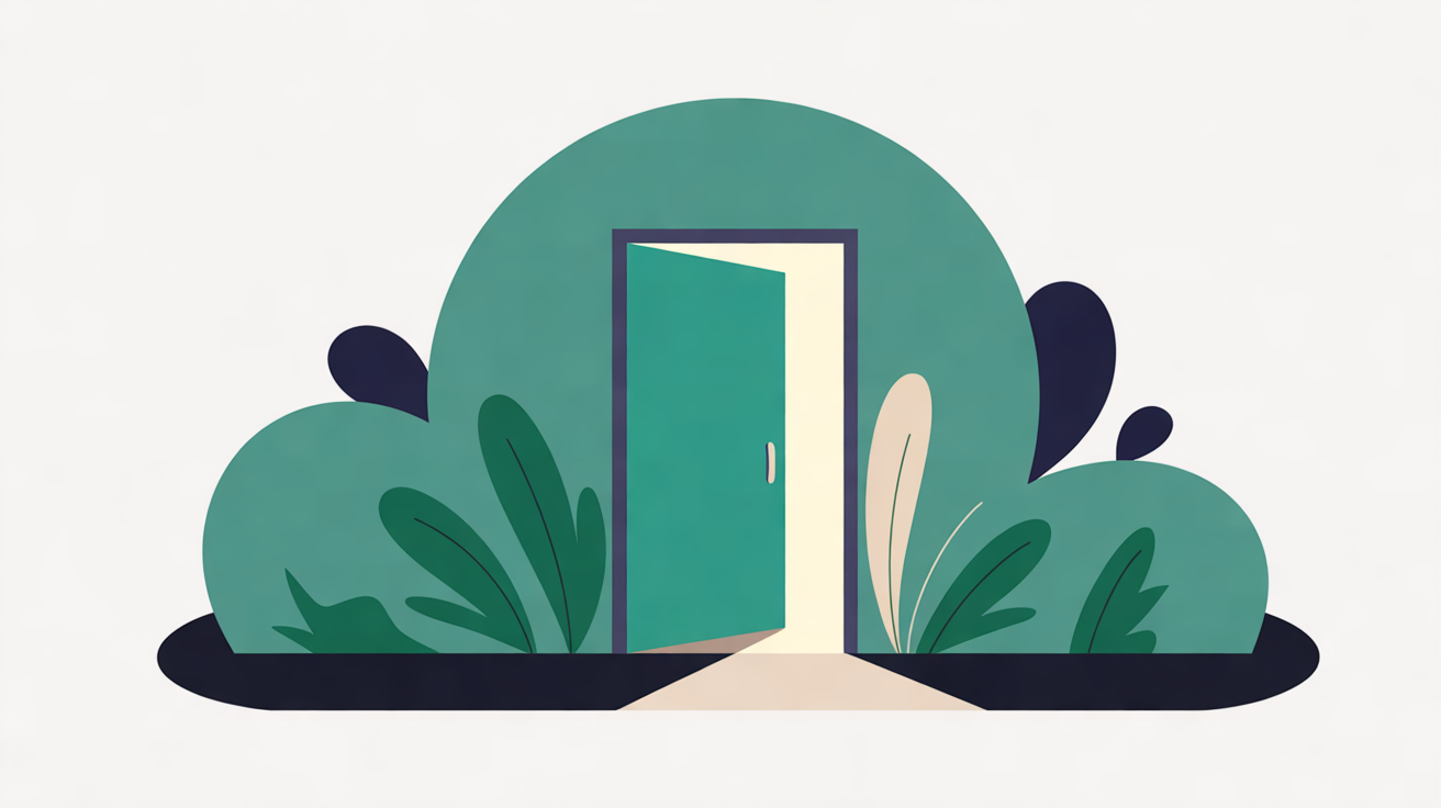 Flat illustration of a teal door standing ajar in a navy frame, warm light spilling onto the ground, with green leaves and rounded teal shapes around it on an off-white background