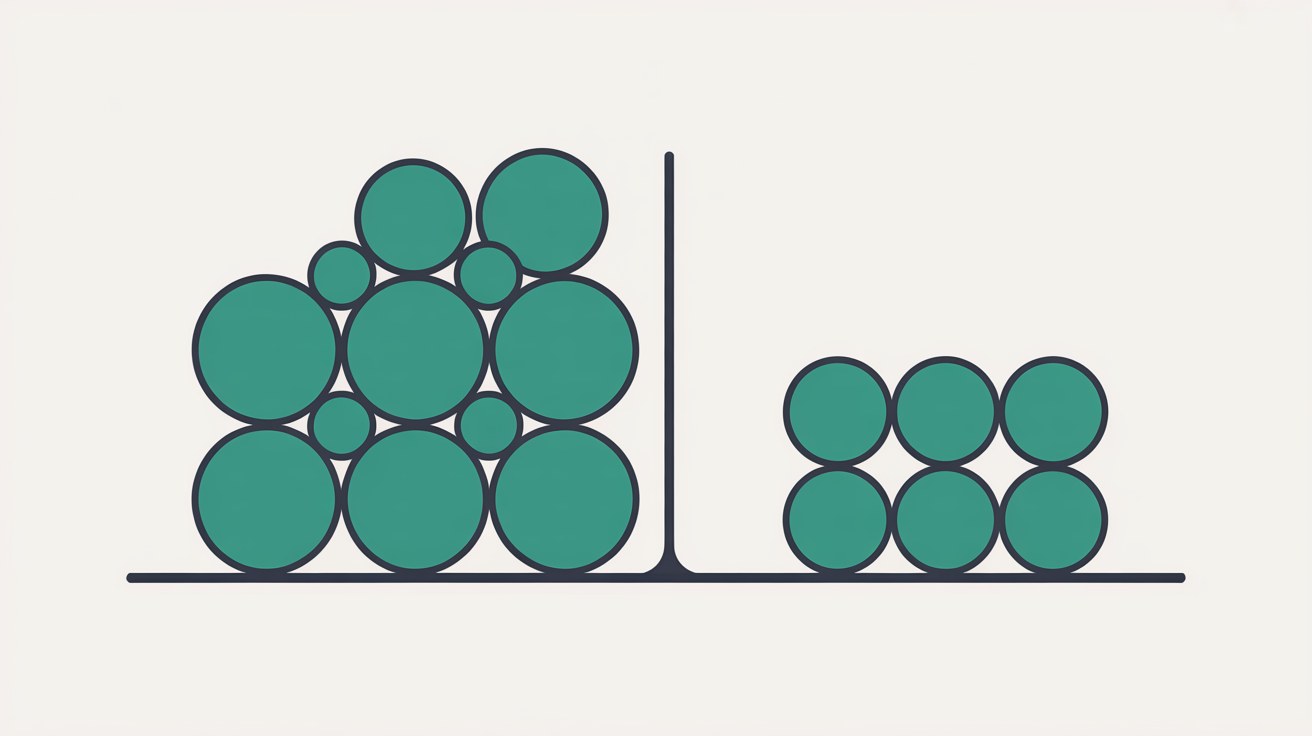 Flat illustration comparing a large dense cluster of teal circles on the left with a small neat row on the right, divided by a line