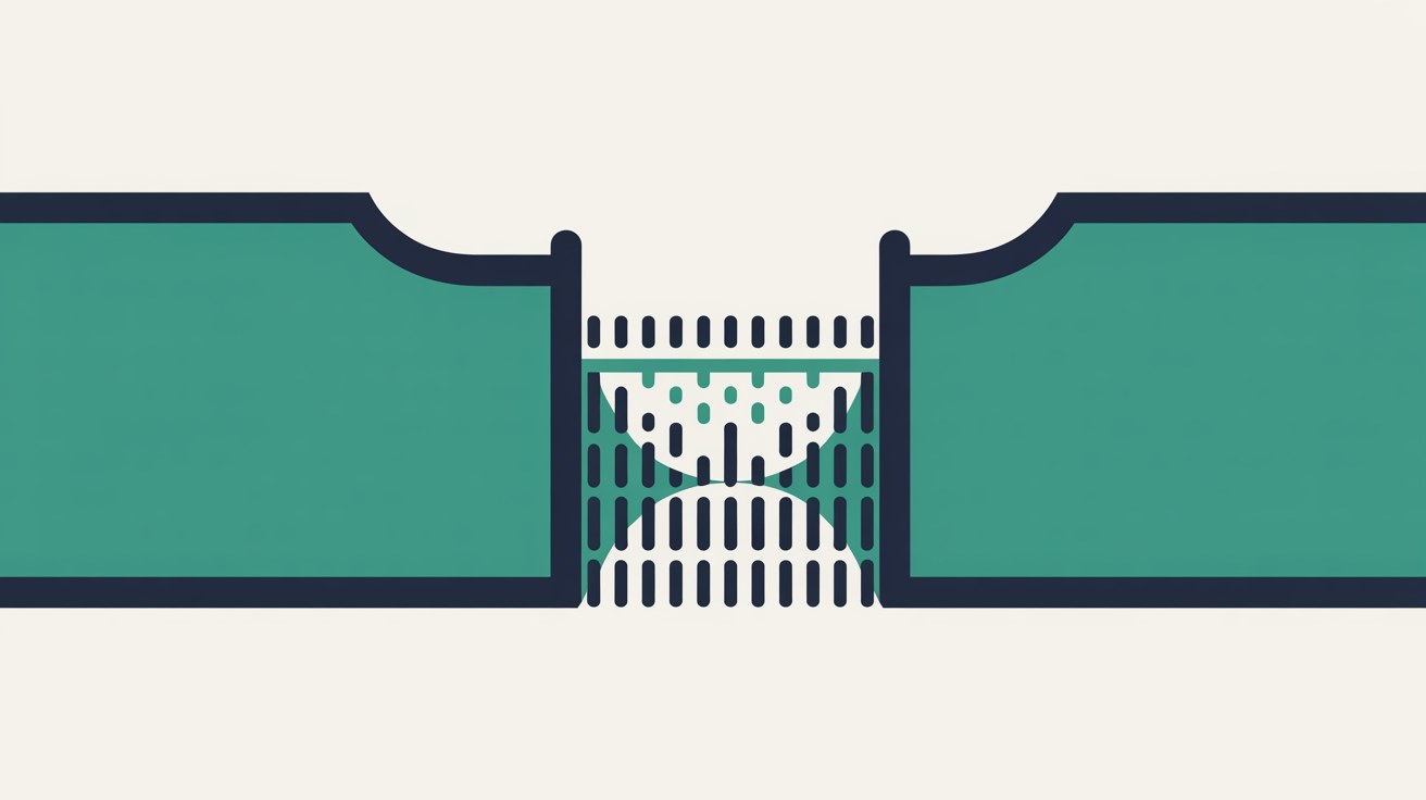 Flat illustration of a teal channel narrowing into a filter of vertical bars that blocks most of a flow while only a little passes through