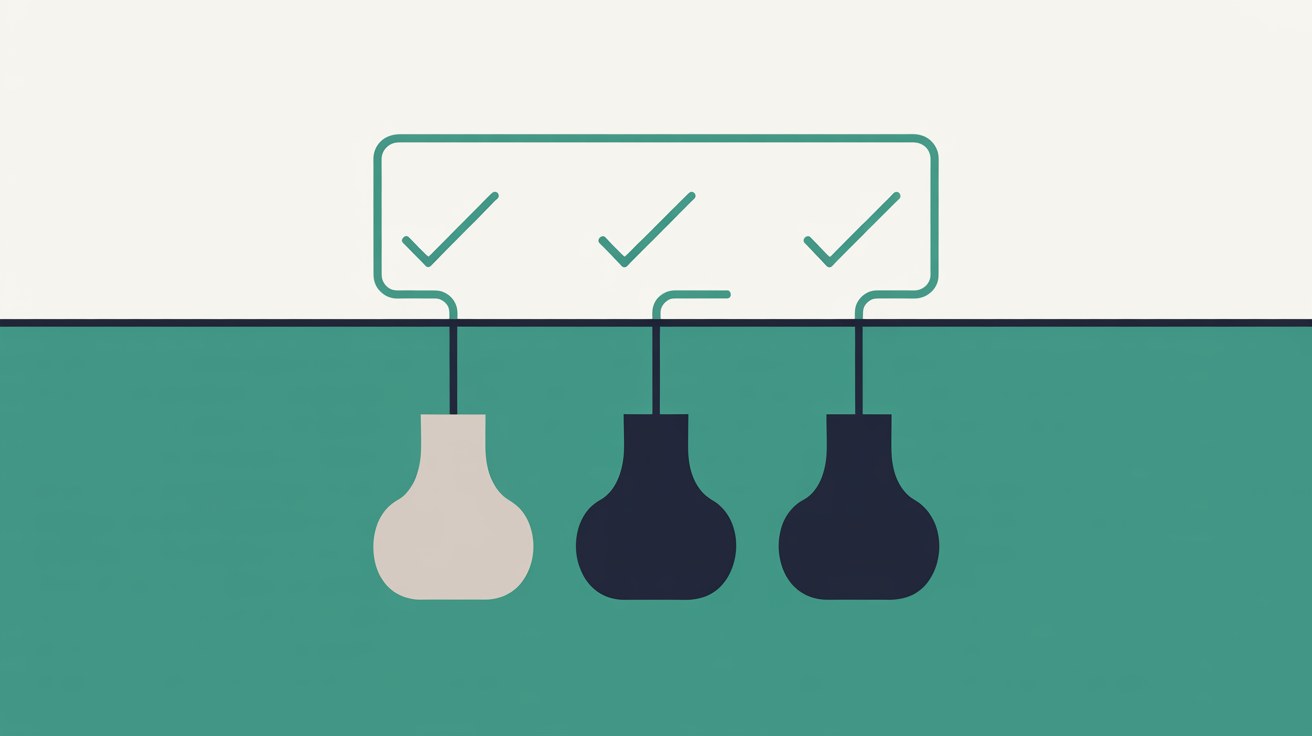 Flat illustration of a rounded outline panel holding three teal tick marks, each linked by a line to a shape below it