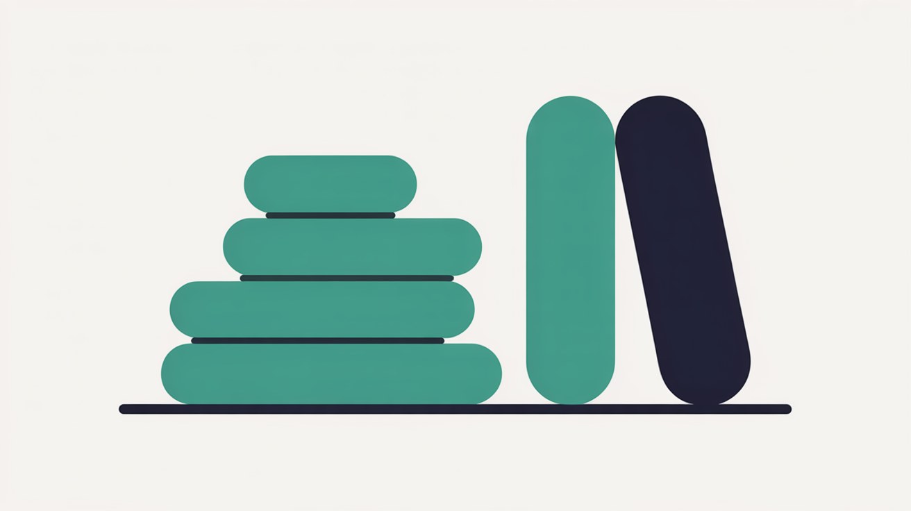 Flat illustration of a stack of teal rounded bars beside two upright rounded shapes resting on a single line