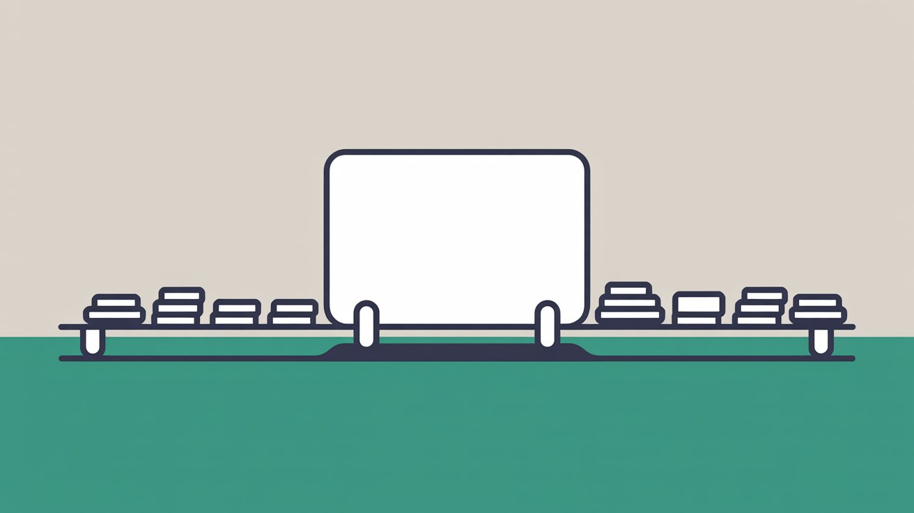 Flat illustration of a large rounded panel resting on a line above rows of small stacked blocks, with a teal field beneath